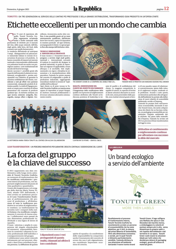 Tonutti articolo repubblica etichette eccellenti miglioramento continuo forza del gruppo chiave del successo brand ecologico tonutti green