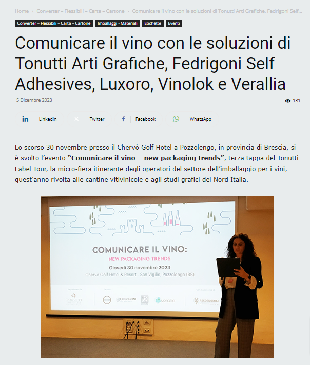 Comunicare il vino con le soluzioni di Tonutti Arti Grafiche, Fedrigoni Self Adhesives, Luxoro, Vinolok e Verallia